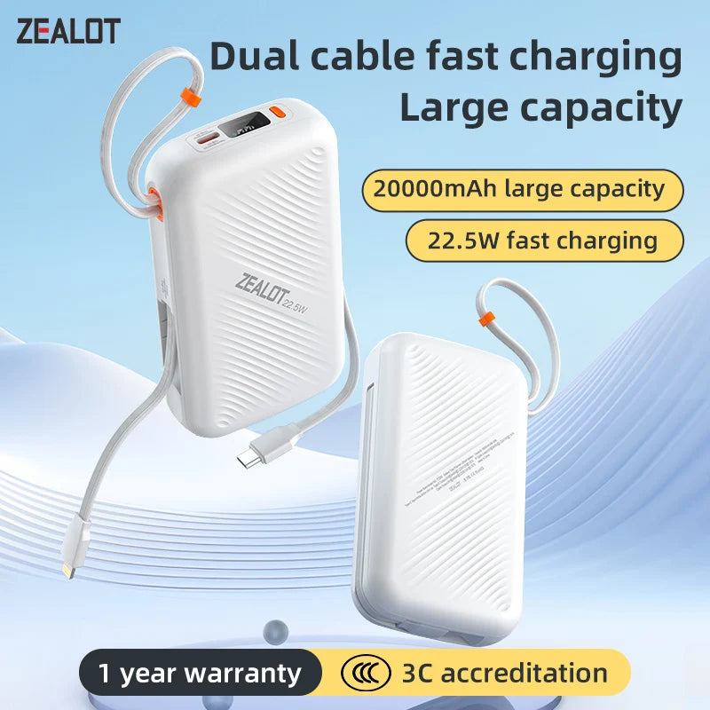 zealot Power Bank Portable 20000mAh in With USB C Cable External Spare Battery Pack for iPhone iPad Macbook 22.5W Fast Charger