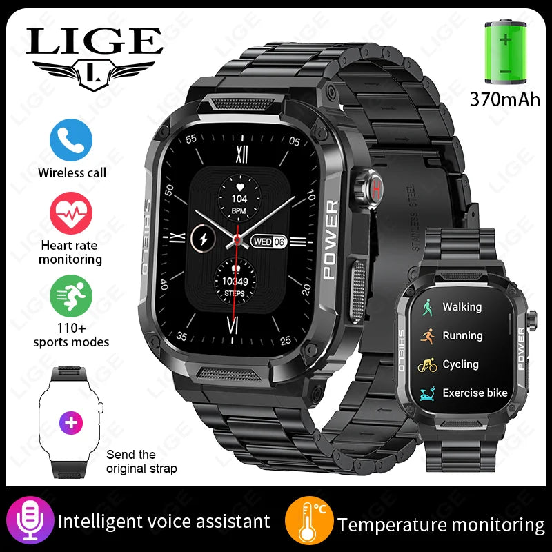 LIGE Outdoor Military Smart Watch Men Voice Assistant Bluetooth Call Smartwatch For Android IOS IP68 Waterproof Fitness Watches