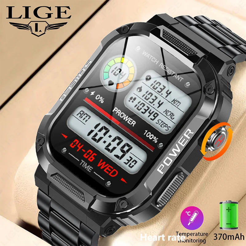 LIGE Outdoor Military Smart Watch Men Voice Assistant Bluetooth Call Smartwatch For Android IOS IP68 Waterproof Fitness Watches