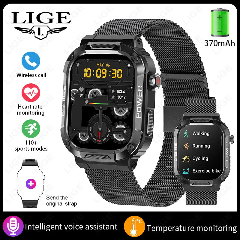 LIGE Outdoor Military Smart Watch Men Voice Assistant Bluetooth Call Smartwatch For Android IOS IP68 Waterproof Fitness Watches