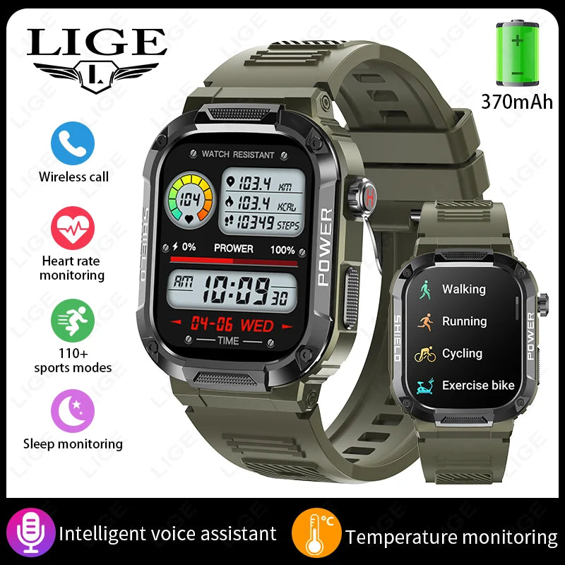 LIGE Outdoor Military Smart Watch Men Voice Assistant Bluetooth Call Smartwatch For Android IOS IP68 Waterproof Fitness Watches