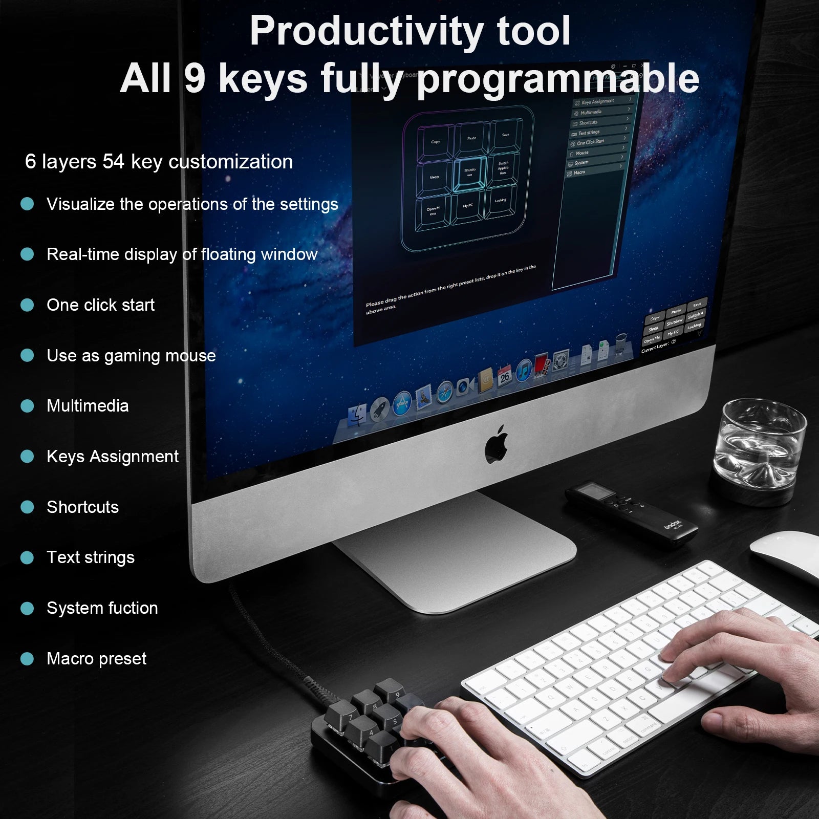 Multifunctional Keyboard with 9 Fully Programmable Keys Macro Setting for Graphic Design Edite & Gaming OSU / Pen Tablet Display