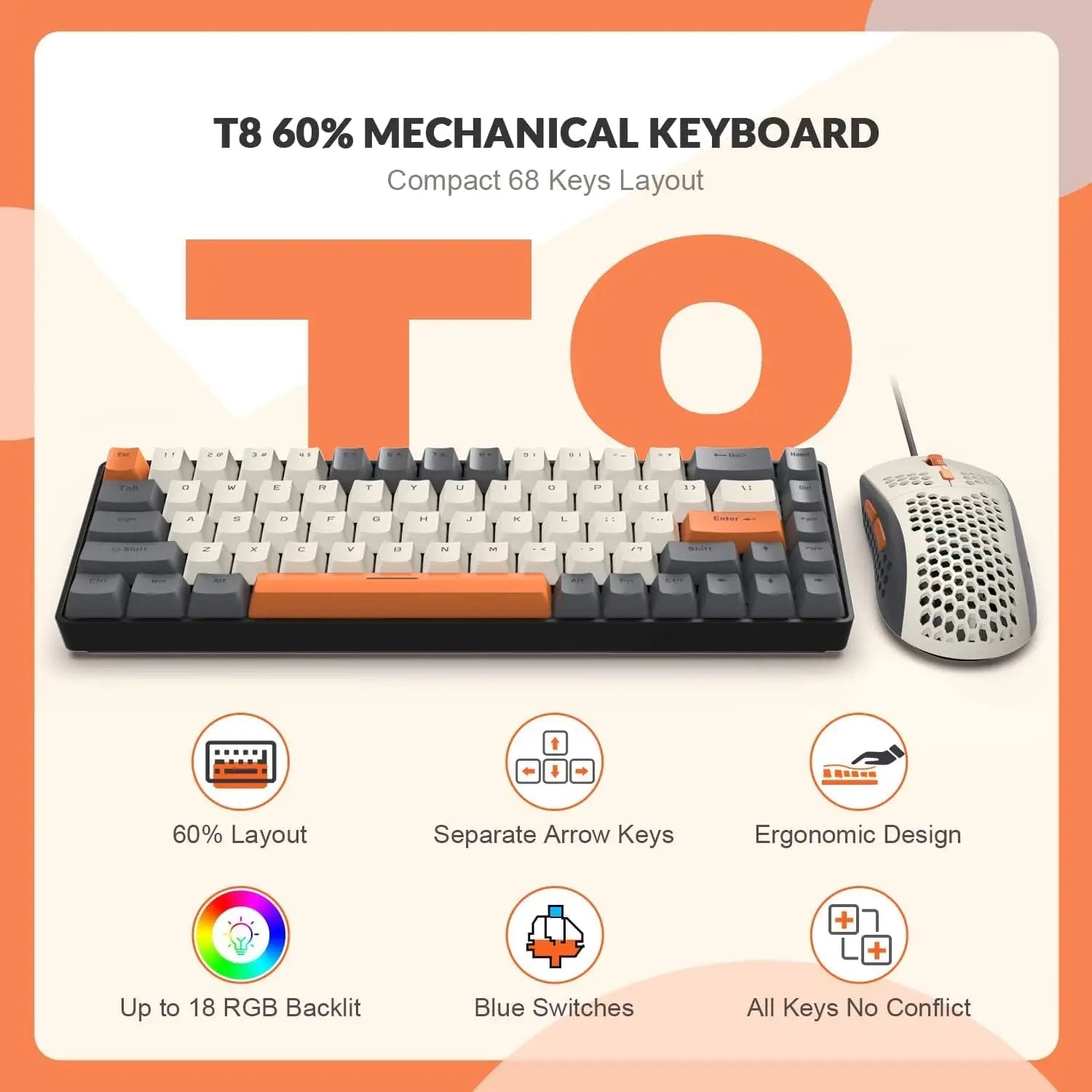 T8 Wired 65% Mechanical Gaming Keyboard and Mouse Combo, RGB Backlit Anti-ghosting TKL Mini 68 Key Coiled C to A Cable Tactile