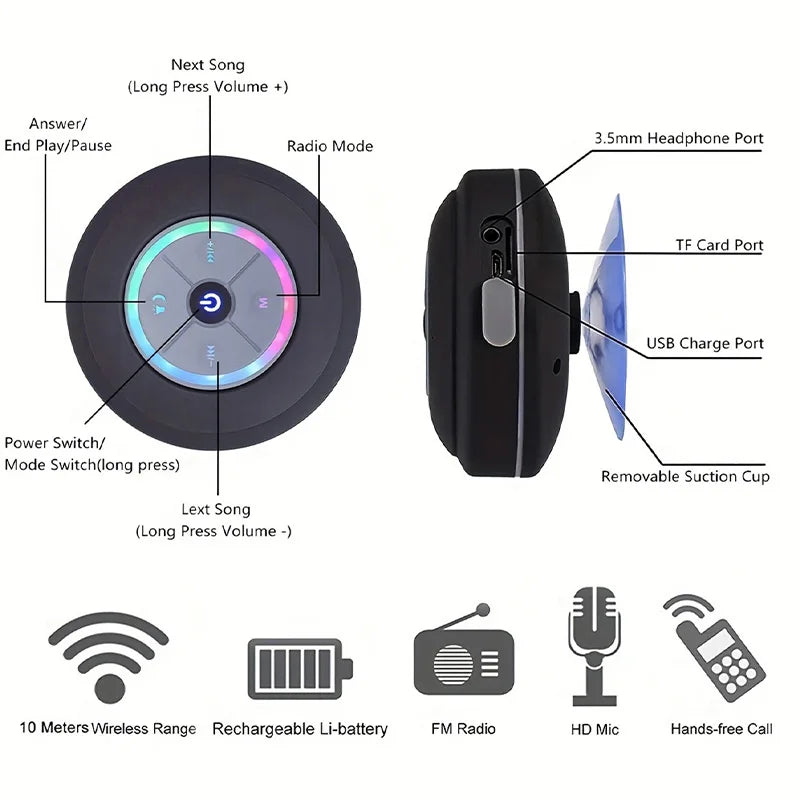 JBJW Q9 Waterproof Bathroom Wireless Speaker Large Suction Cup Bluetooth TF/USB LED Light Portable High Fidelity Mini Subwoofer