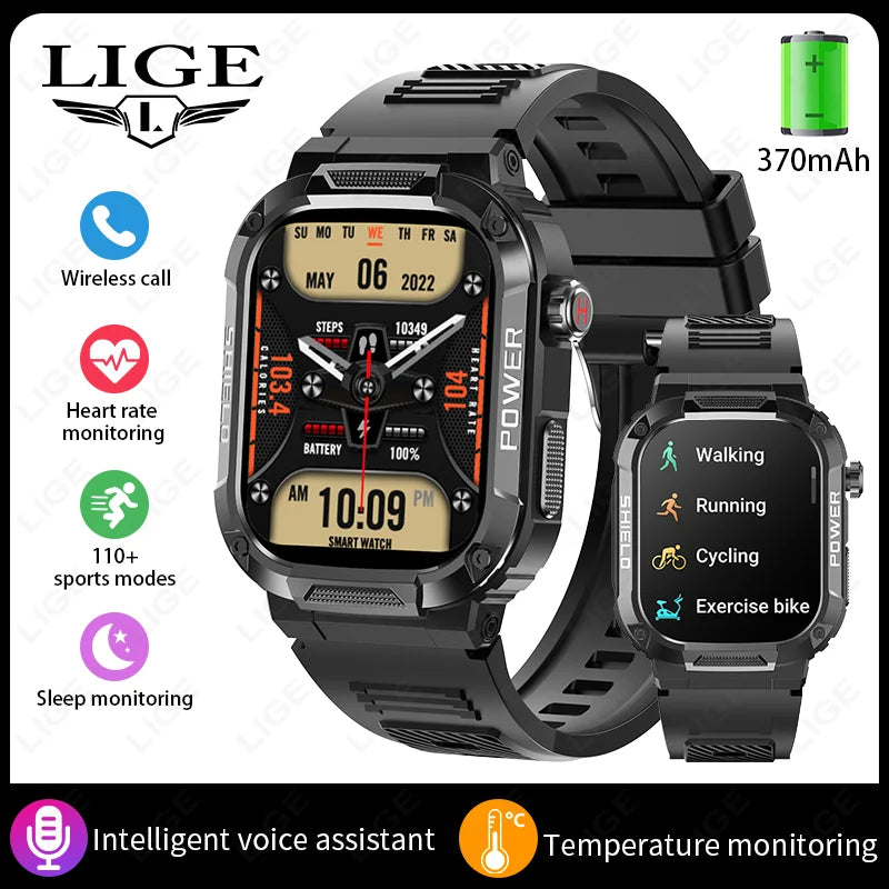 LIGE Outdoor Military Smart Watch Men Voice Assistant Bluetooth Call Smartwatch For Android IOS IP68 Waterproof Fitness Watches