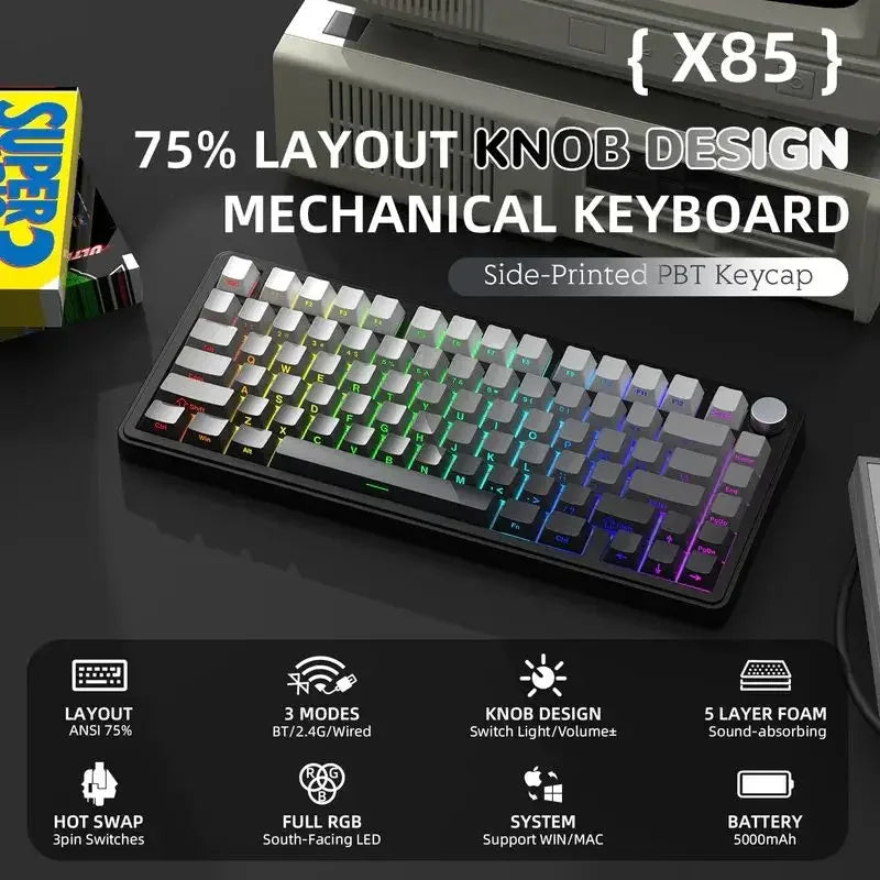 ATTACK SHARK X85 Mechanical Keyboard RGB Backlight Tri-Mode Connection Wireless Bluetooth Hot-Swappable Sideway Gaming Keycaps