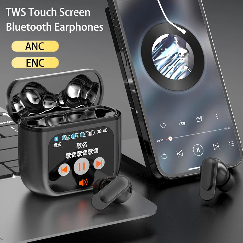 2024 New Touch Screen ANC Wireless Earphone TWS Noise Cancelling ENC Call Earbud Bluetooth 5.3 Long Battery Life HiFi Headphones