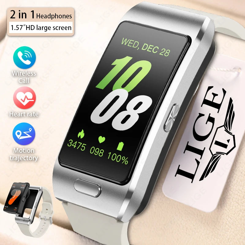 LIGE 2 In 1 TWS Headset Smart Watch 1.57" Men Women GPS Sports Fitness ECG Heart Rate Watches Bluetooth Call Music Smartwatch