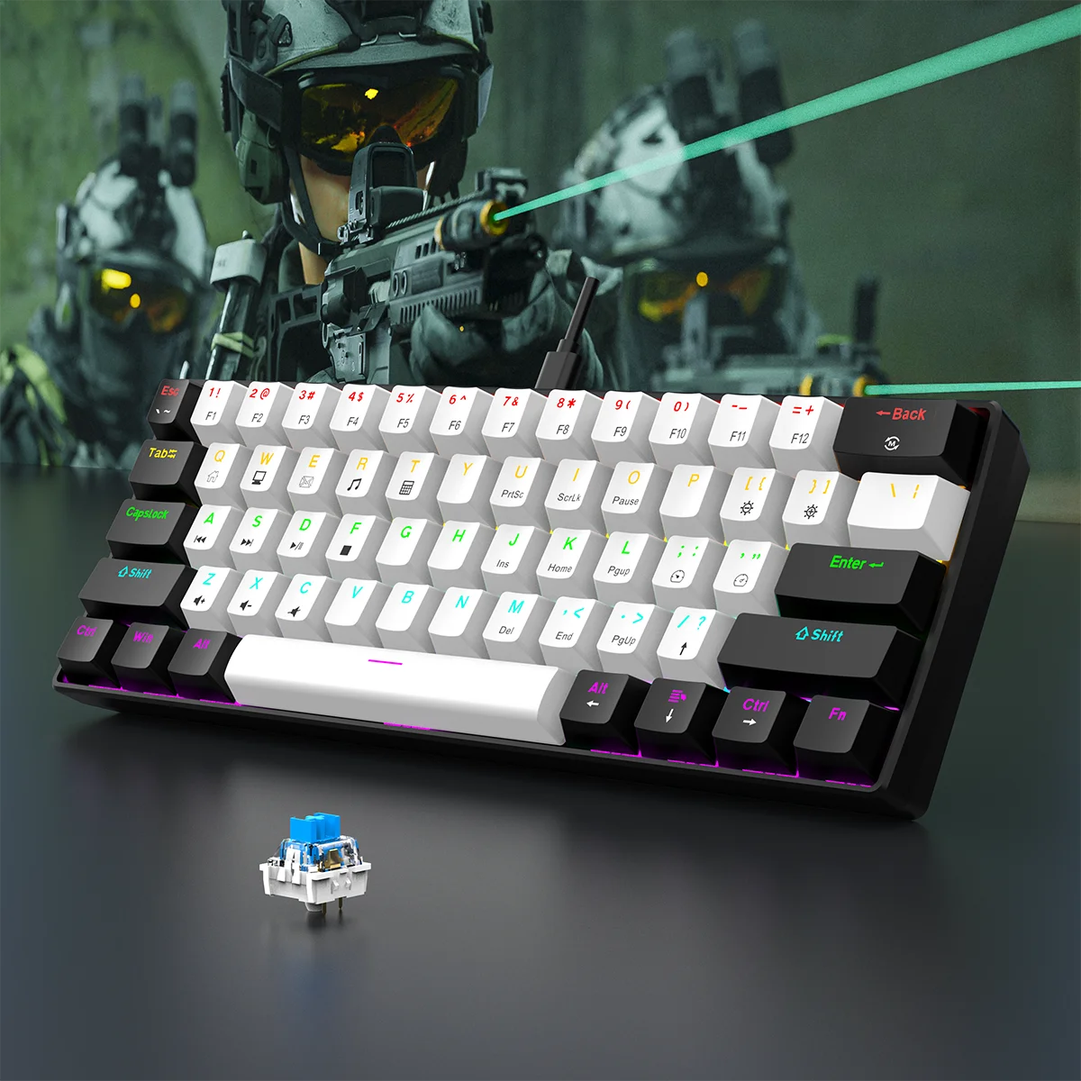 60% wired gaming keyboard, RGB backlight ultra compact mini keyboard, waterproof small compact 61 key keyboard for pc/Mac gamers