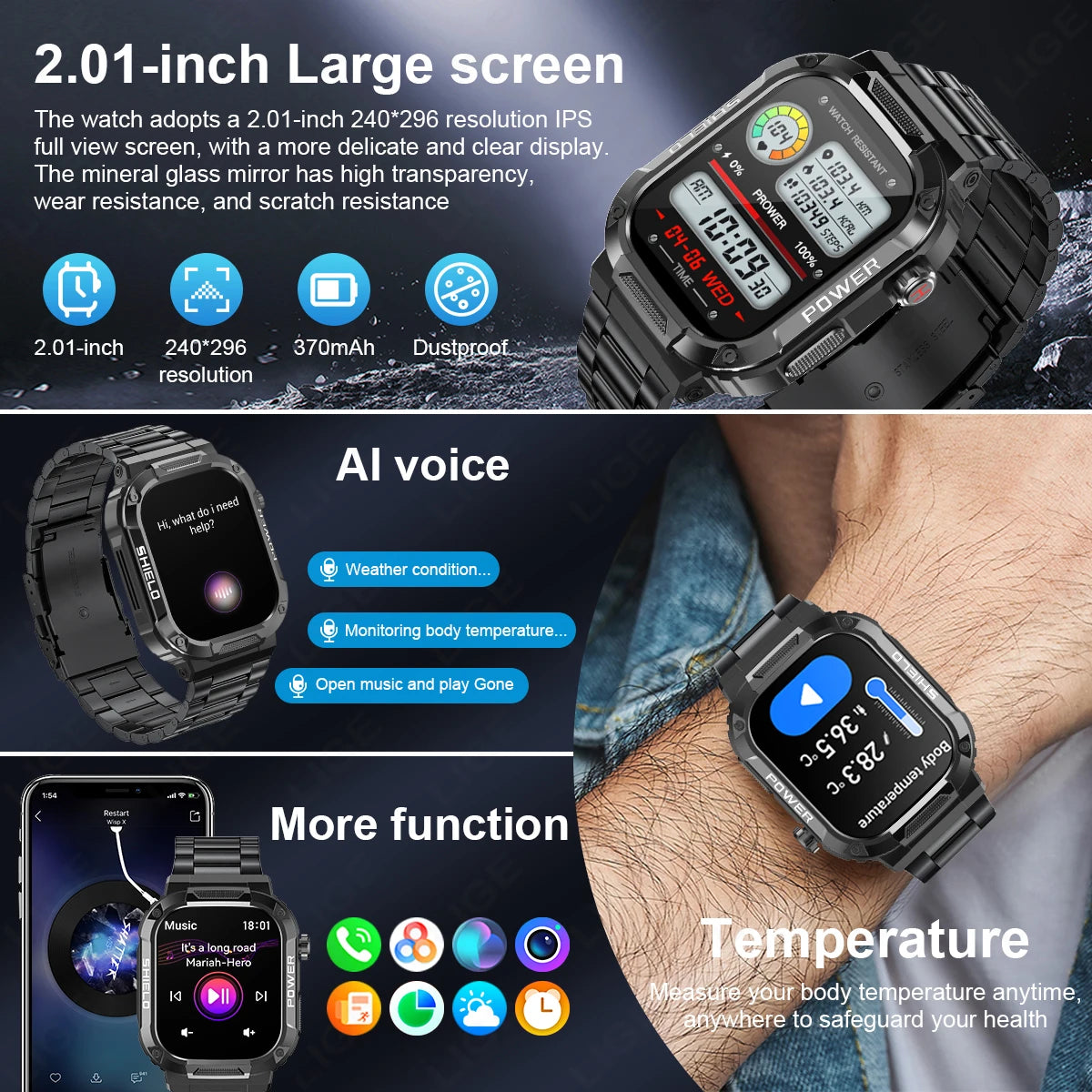 LIGE Outdoor Military Smart Watch Men Voice Assistant Bluetooth Call Smartwatch For Android IOS IP68 Waterproof Fitness Watches